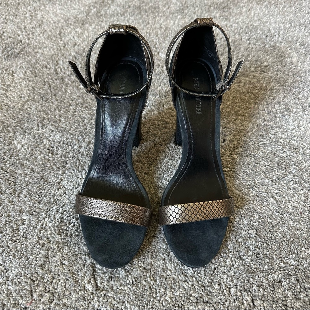 Pour La Victoire Navy and Silver block-heeled sandals